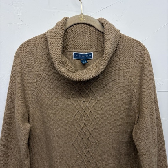 Karen Scott Women's Cowl Neck Cable Knit Tan Brown Cotton Sweater Petite XL - Picture 2 of 11